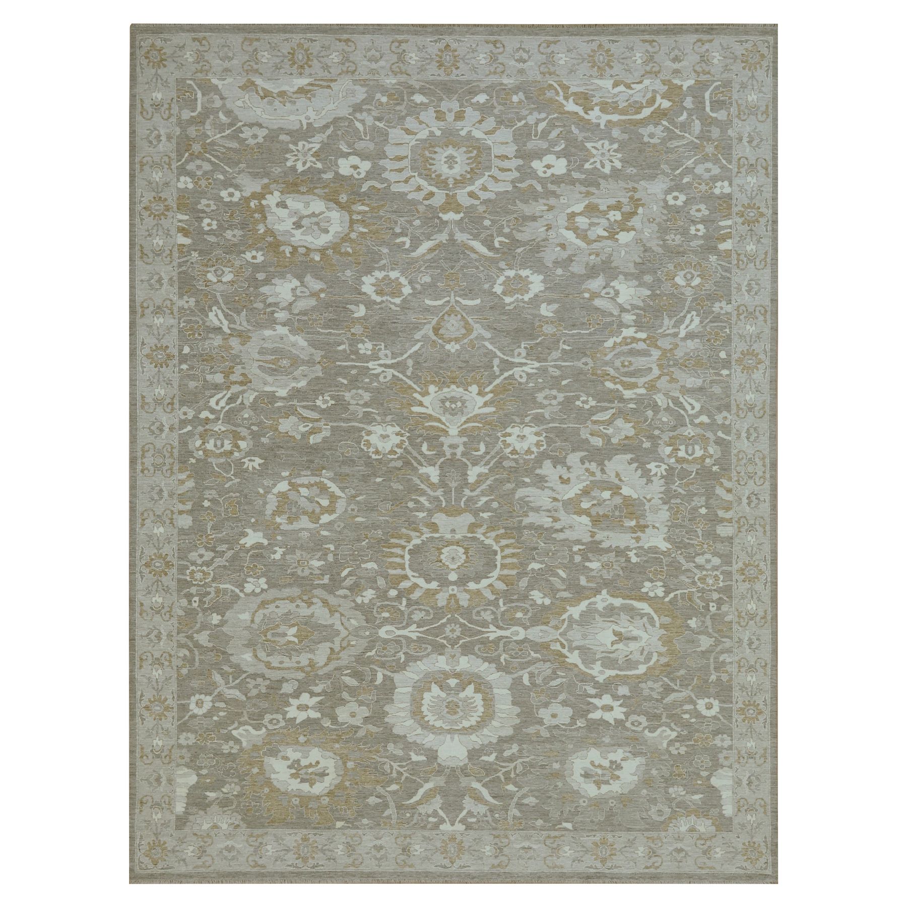 Carbon Gray, Dense Weave, Hand Knotted, Ziegler Mahal Large Flowers Design, Tone on Tone, Zero Pile, 100% Wool, Oriental Rug